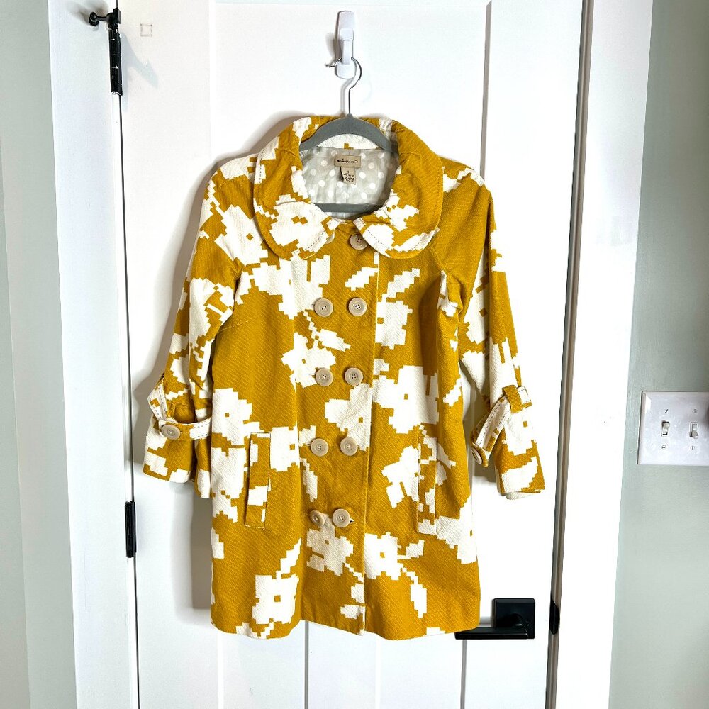 Anthropologie elevenses Mustard & White Patterned Double-Breasted Pea Coat